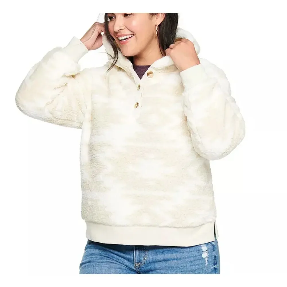 Sonoma Women's Size Large Sherpa Tan Cream‎ Sherpa Hooded Sweater
